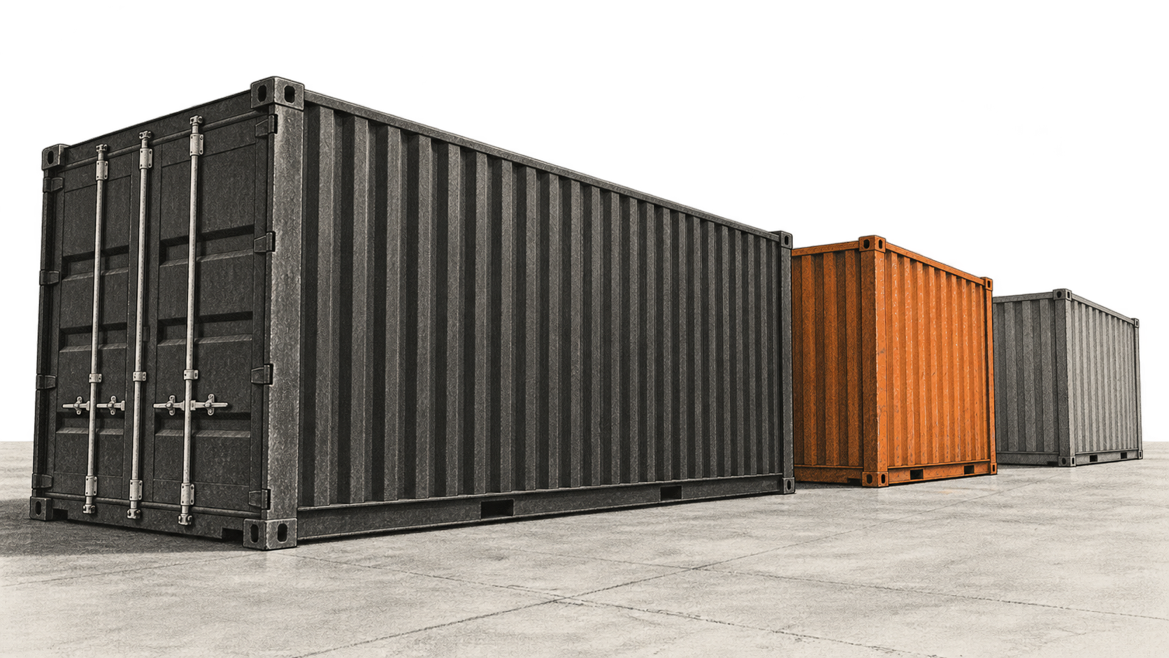 Conceptual charcoal illustration of three unmarked shipping containers standing on a neutral concrete floor.