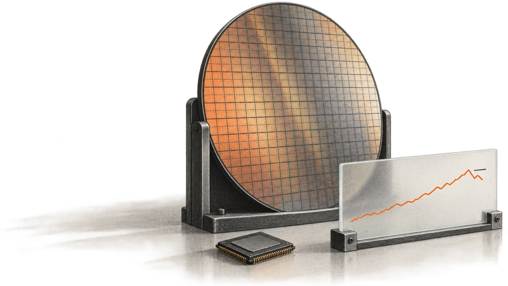 Conceptual charcoal illustration of a silicon wafer in a rack, an unbranded chip on the work surface and a small rising then dipping line ending below a reference mark.
