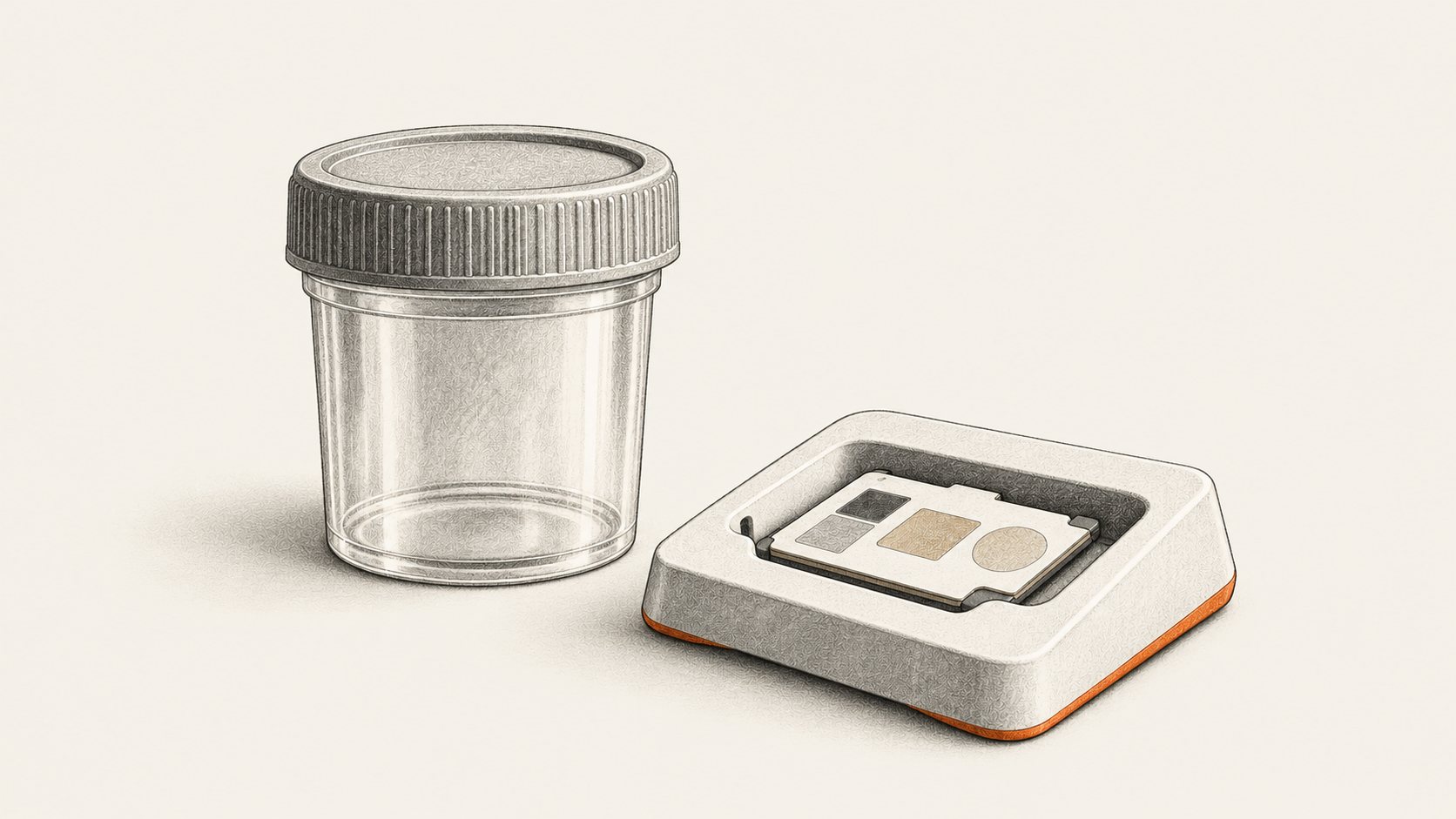 Conceptual charcoal illustration of a closed sample cup beside an unbranded sensing cartridge in a tabletop holder.