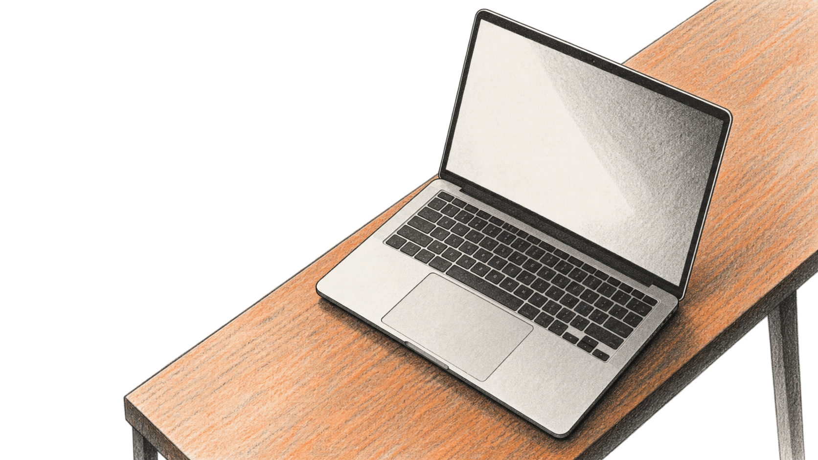 Conceptual charcoal illustration of one open, unbranded laptop with a blank screen on a narrow diagonal table.