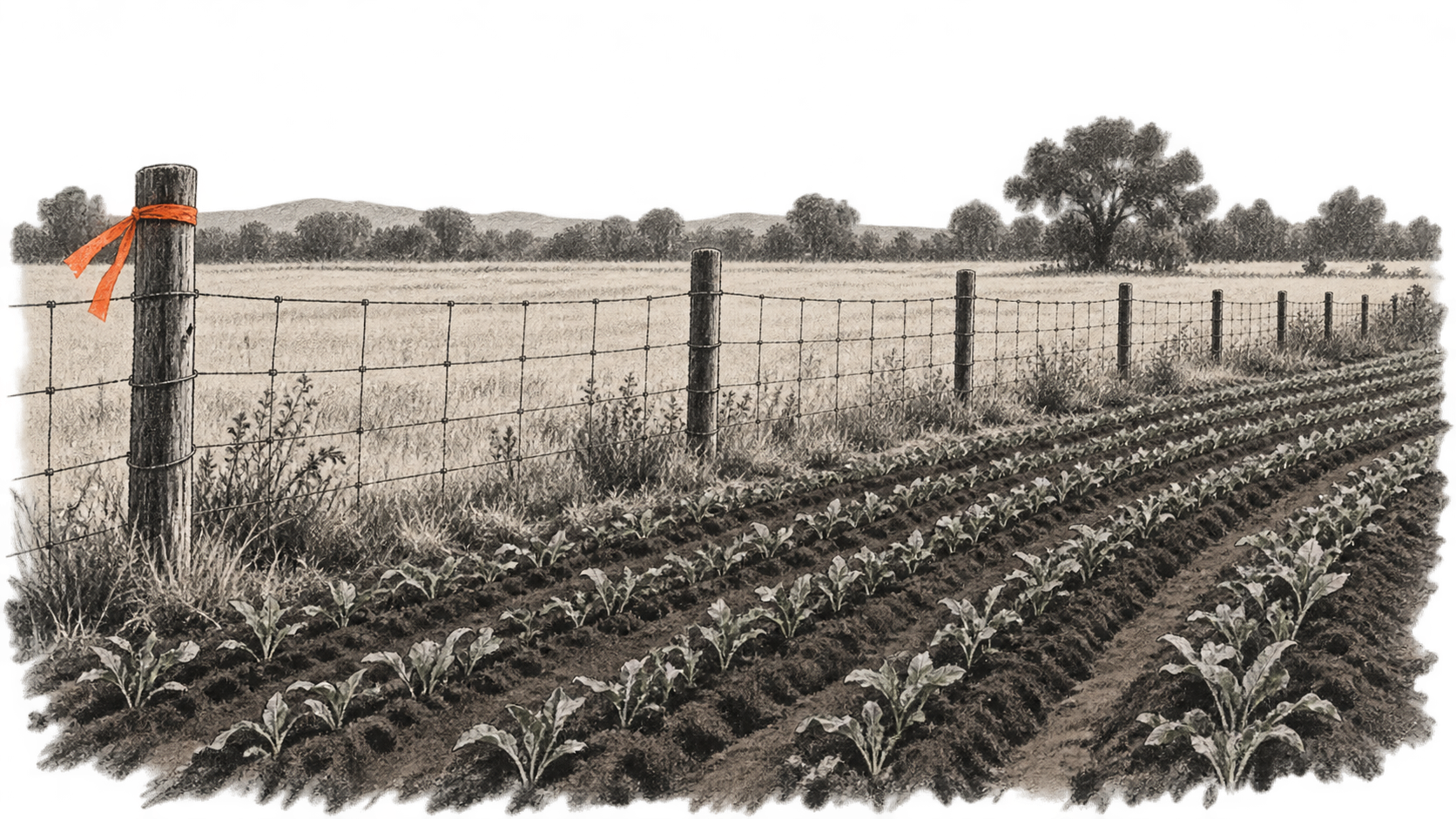 Cultivated rows run beside a wire fence with an orange ribbon tied to one post; an open field and trees lie beyond.