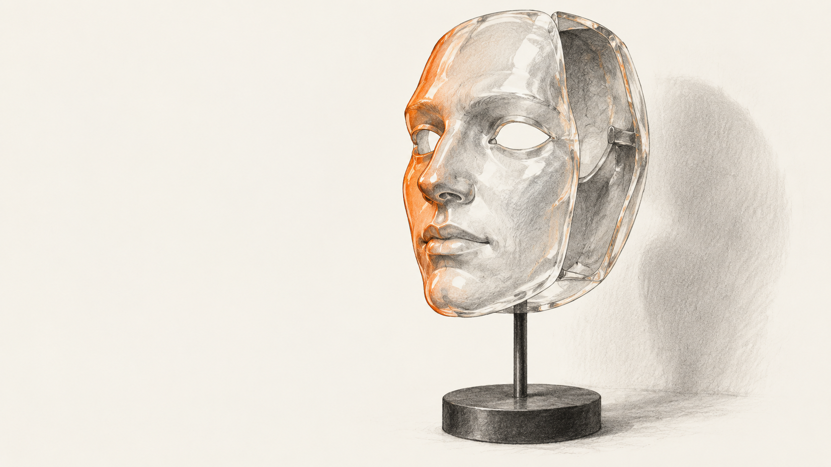 A charcoal and ink illustration of one hollow translucent face mask mounted on a stand, with a restrained orange reflection.