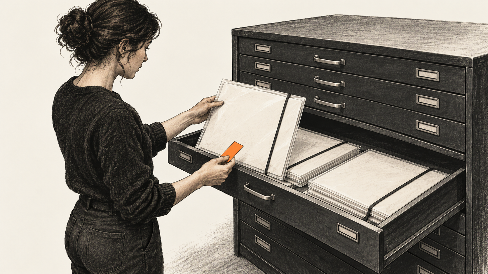 Conceptual charcoal illustration of one reviewer lifting a blank sleeved record from an archive drawer while holding a separate orange tab.