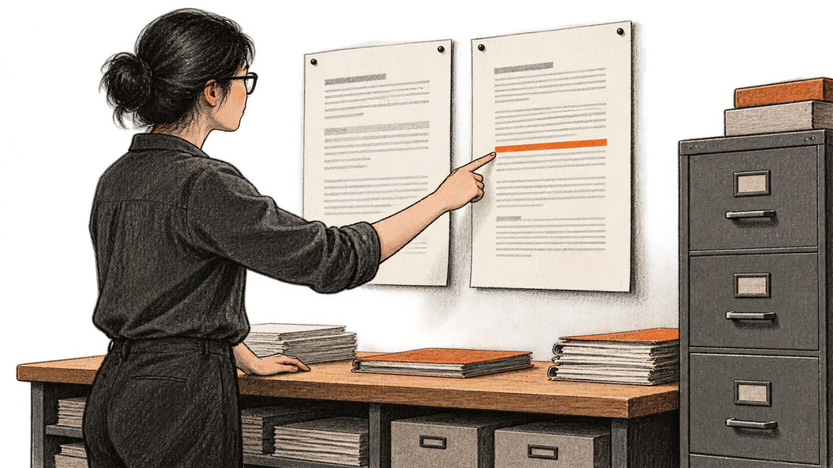 Conceptual charcoal illustration of one reviewer comparing two separate wall-mounted FAQ documents, pointing to an orange-marked line on one.
