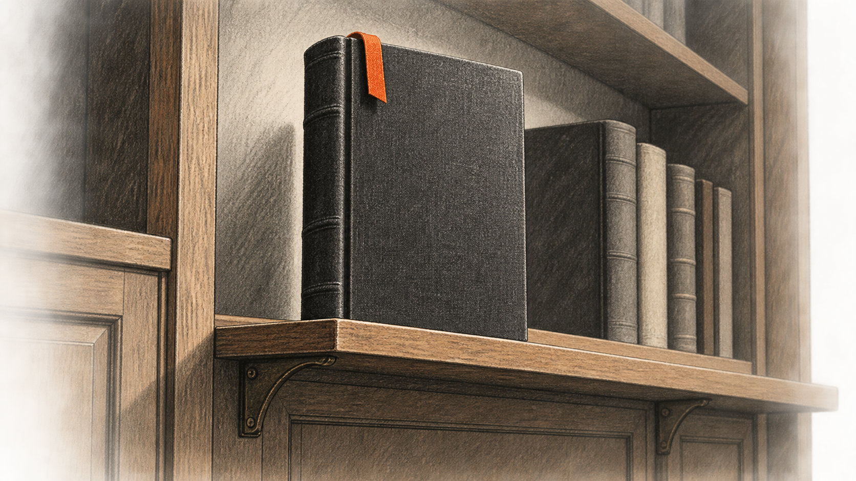 Conceptual charcoal illustration of one orange-marked reference volume standing in front of older closed volumes on a built-in shelf.