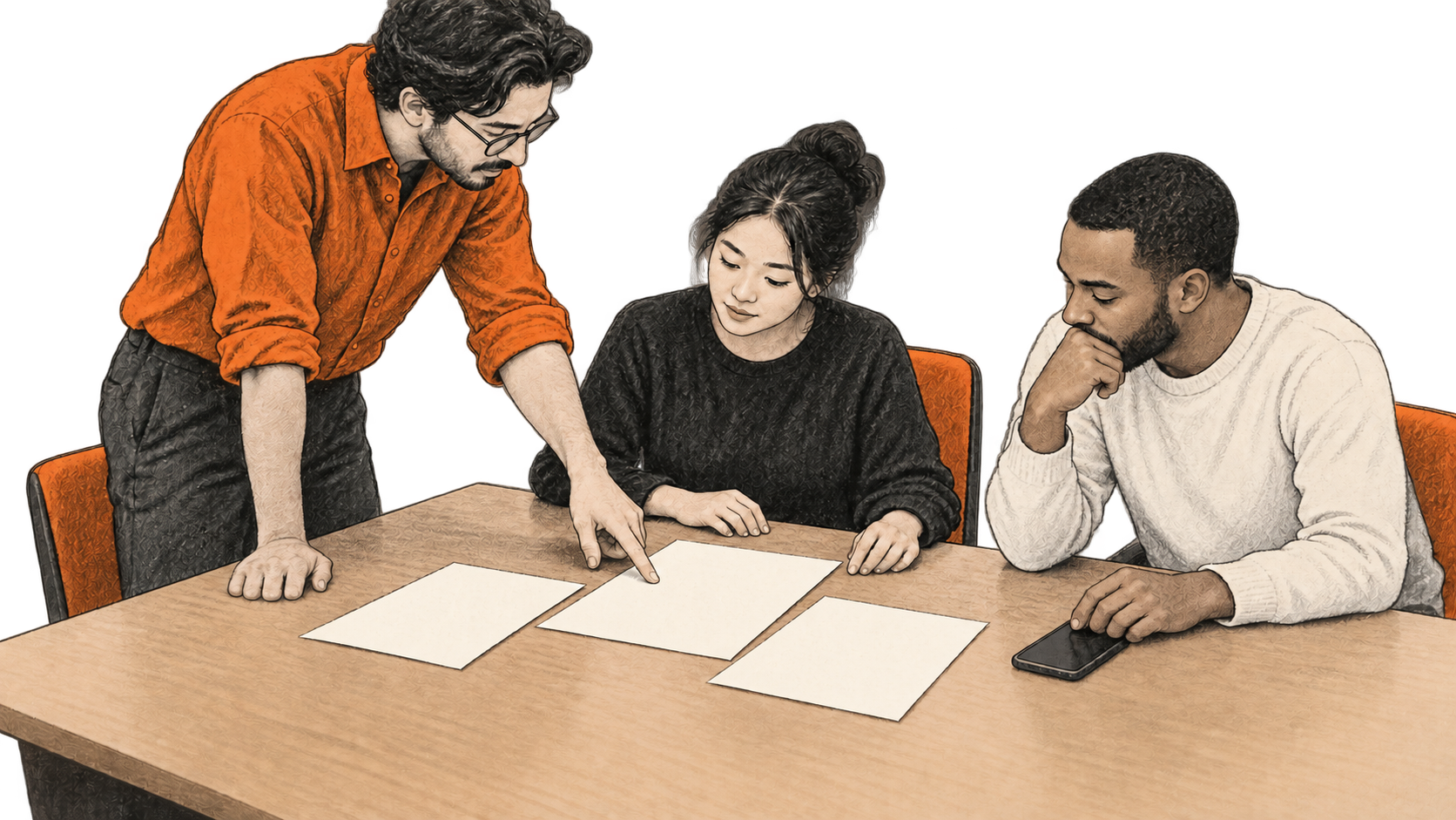 Three anonymous coworkers review three blank sheets at a shared table; one points to the central sheet while another rests a hand near a phone.
