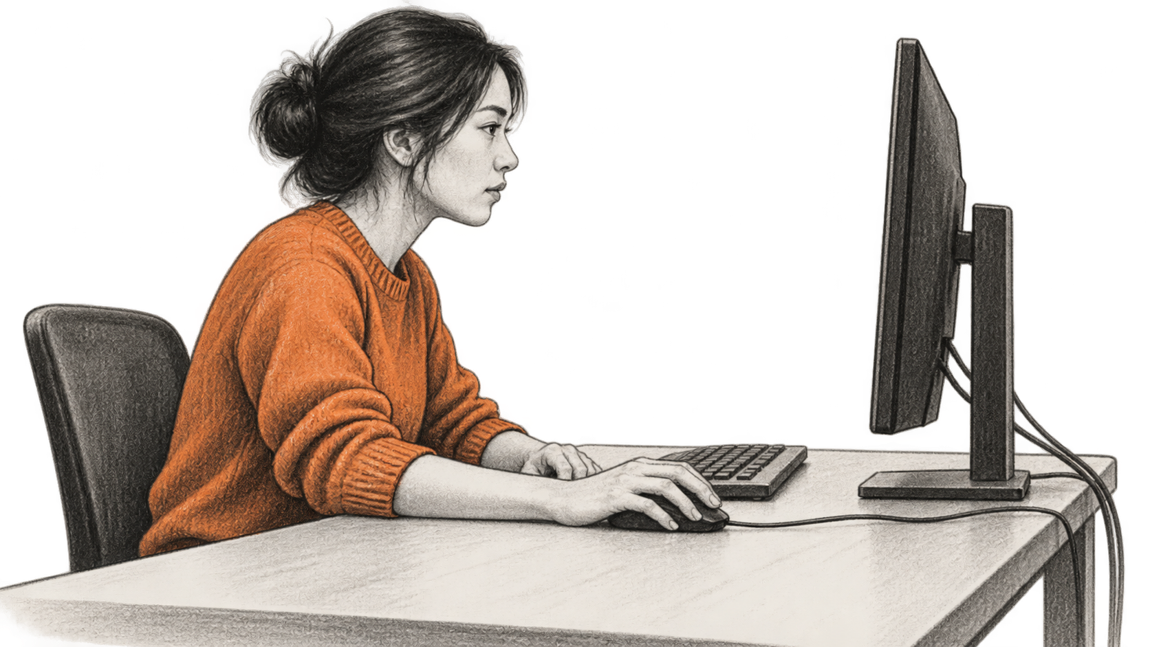 Conceptual charcoal illustration of one seated person at a computer, seen from the side, with a hand on a wired mouse and the monitor screen turned away.