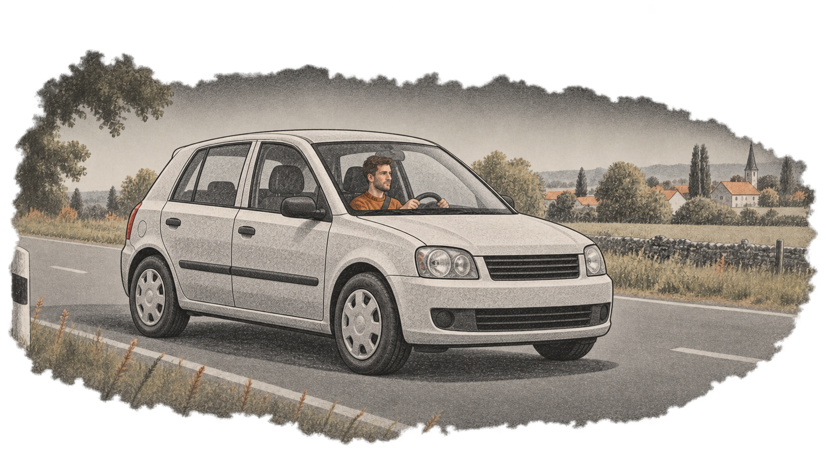 A driver sits at the wheel of a generic compact hatchback traveling on a quiet two-lane road.