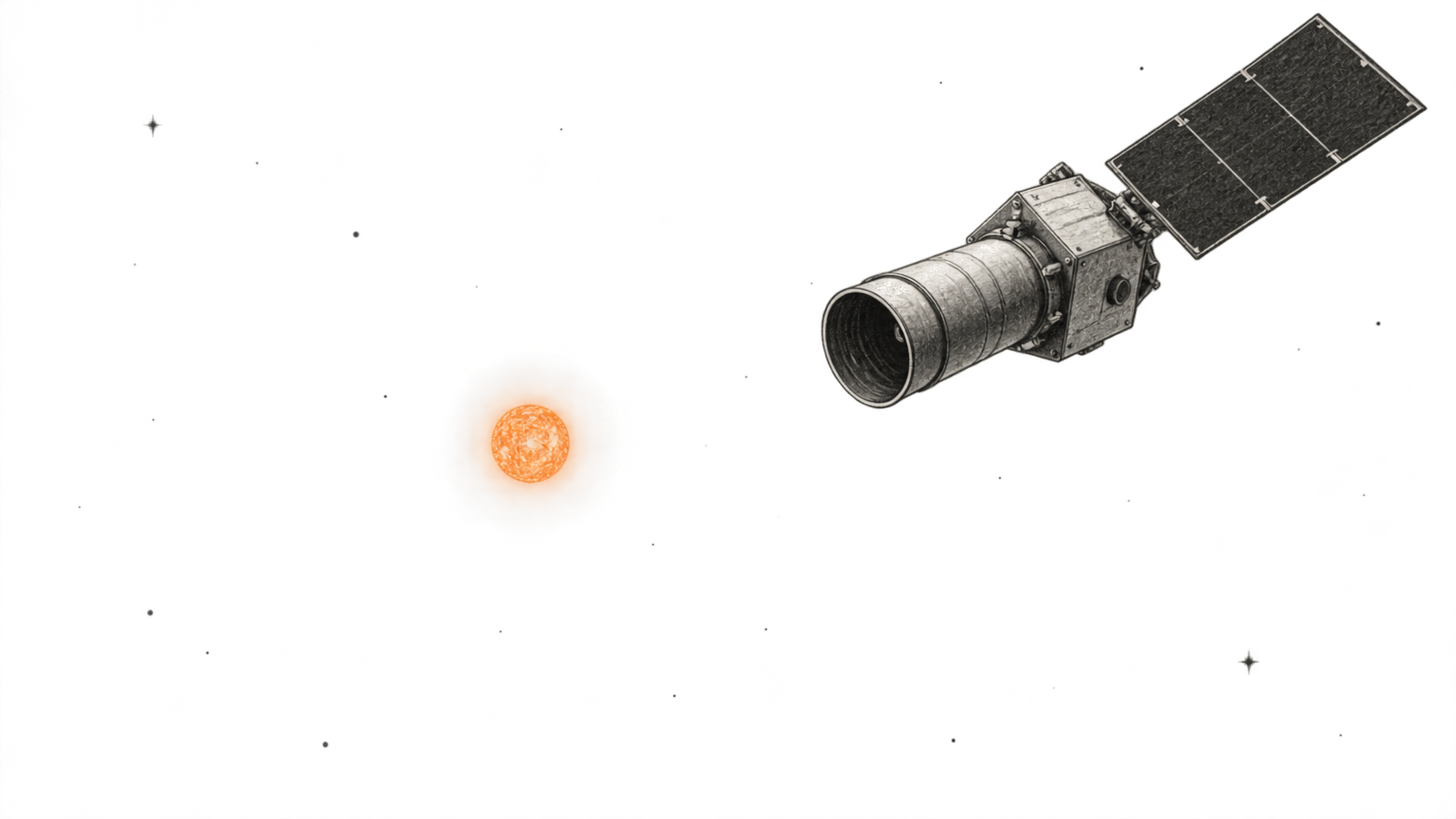 Conceptual charcoal illustration of an unbranded orbiting telescope pointing toward one orange star in a sparse field.
