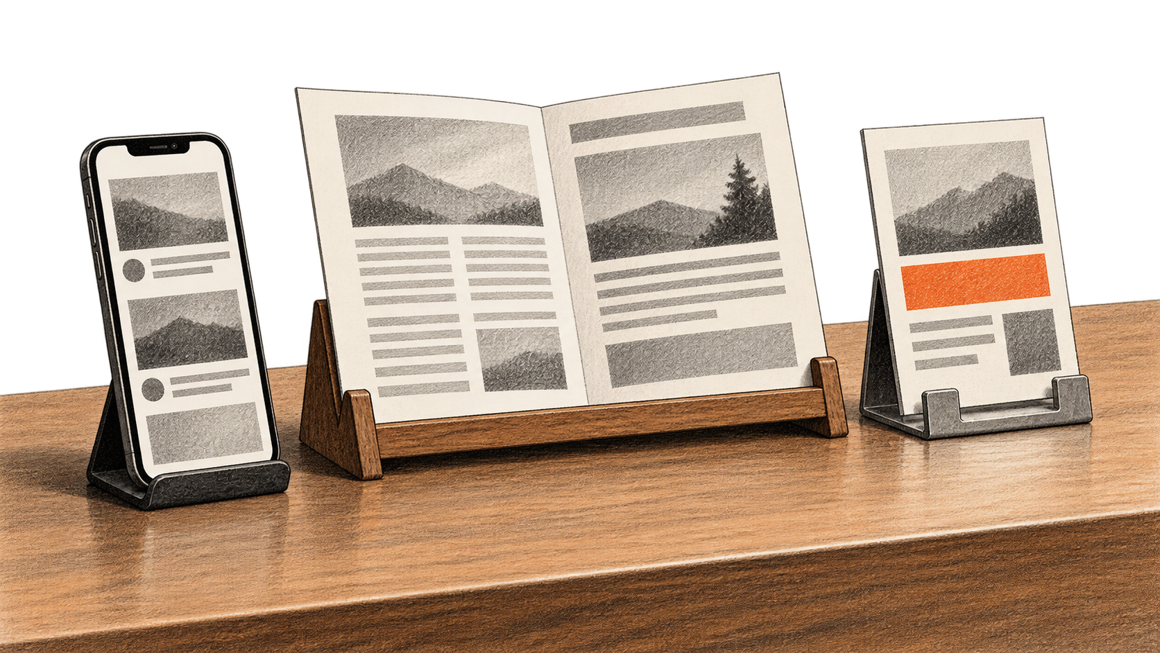 Conceptual charcoal illustration of three unbranded layout proofs: a social post on a phone, an open newsletter on a wooden stand, and a small ad in a metal holder.