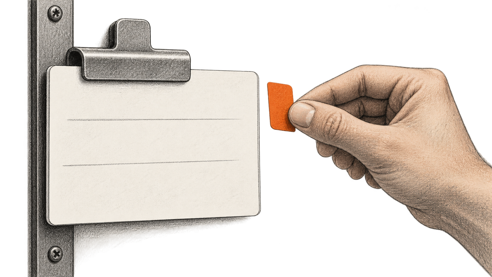 Conceptual charcoal drawing of a blank ticket card held in a wall clip while one hand holds a single orange tag just short of the card's edge.