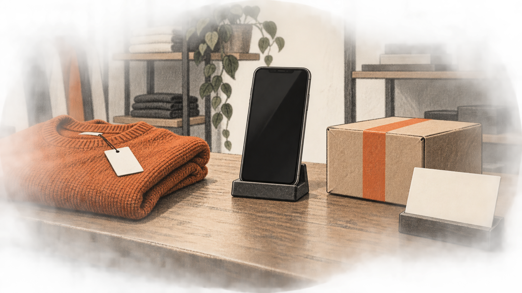 A folded orange garment, a blank-screen smartphone, a sealed parcel and a blank inquiry card sit on a retail counter.