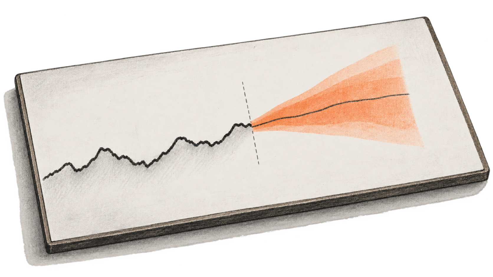 Conceptual charcoal illustration of a historical line ending at a cutoff and a forecast line within a widening orange interval.