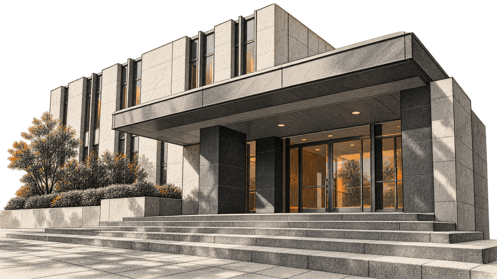 Illustrative charcoal drawing of an unmarked modern civic building entrance with broad steps, stone piers and glass doors.