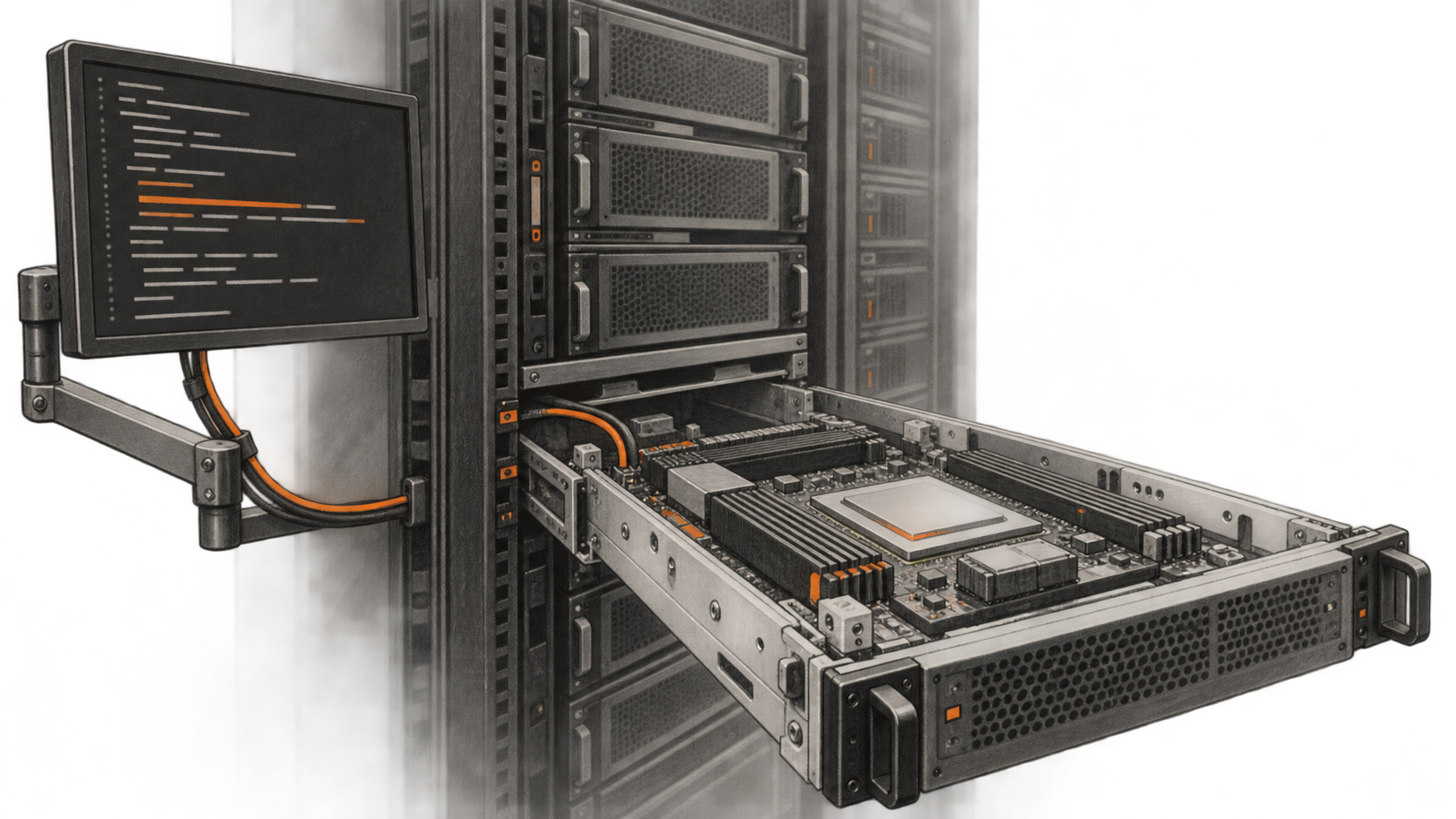 Conceptual charcoal illustration of a code-marked monitor beside an open rack drawer containing an unbranded accelerator board.