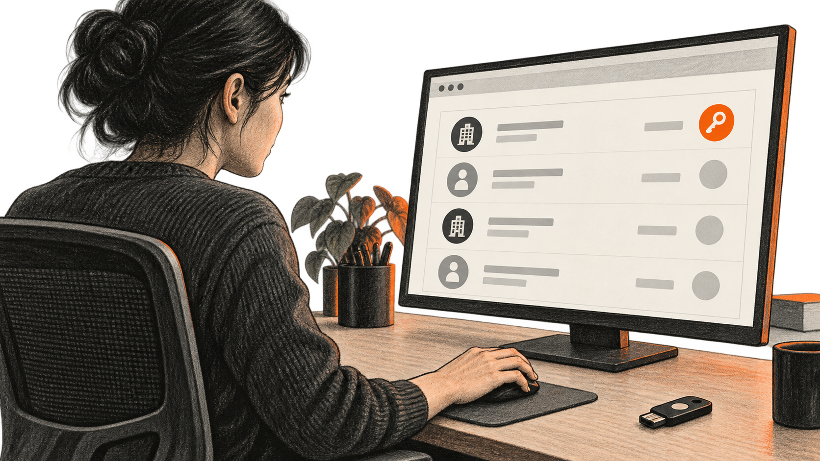 Conceptual illustration of an analyst using a mouse while viewing generic access rows on a monitor, with a security key on the desk.