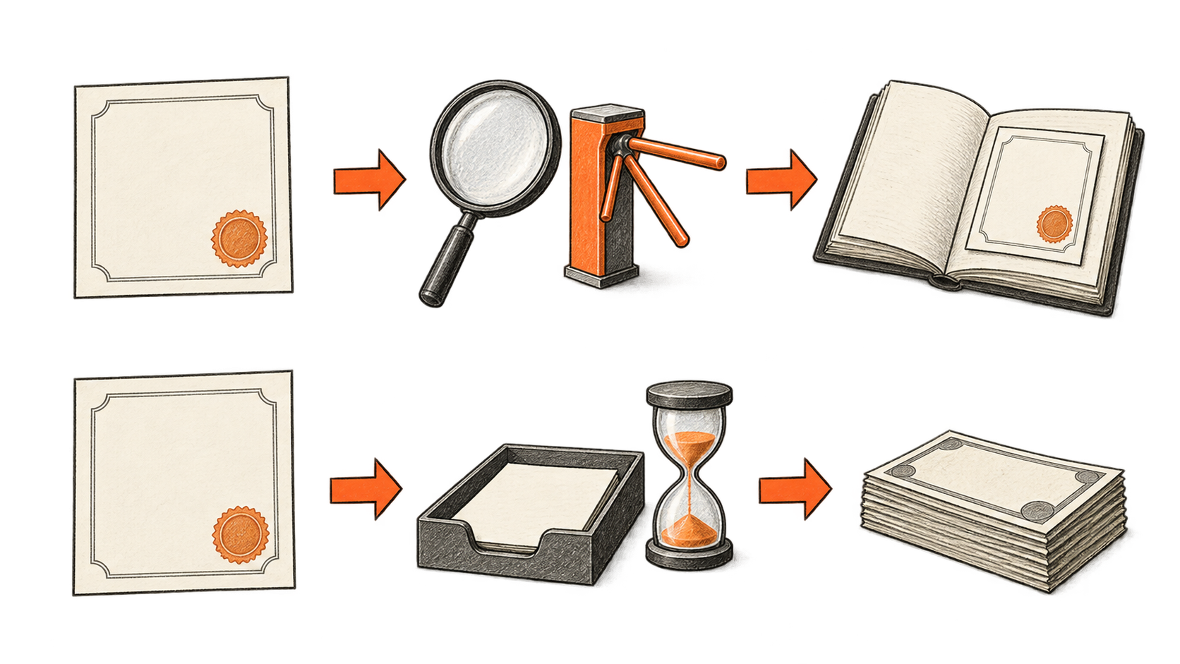 Top: certificate, magnifier and turnstile, then registry. Bottom: certificate, request tray and hourglass, then banknotes.