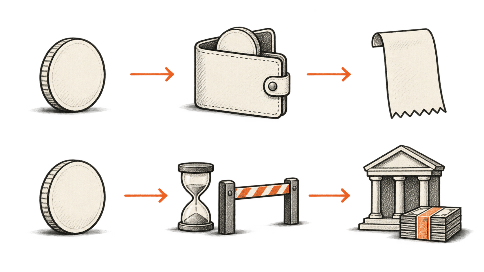 Top row: token to wallet to receipt. Bottom row: token through an hourglass and gate to a bank with banknotes.