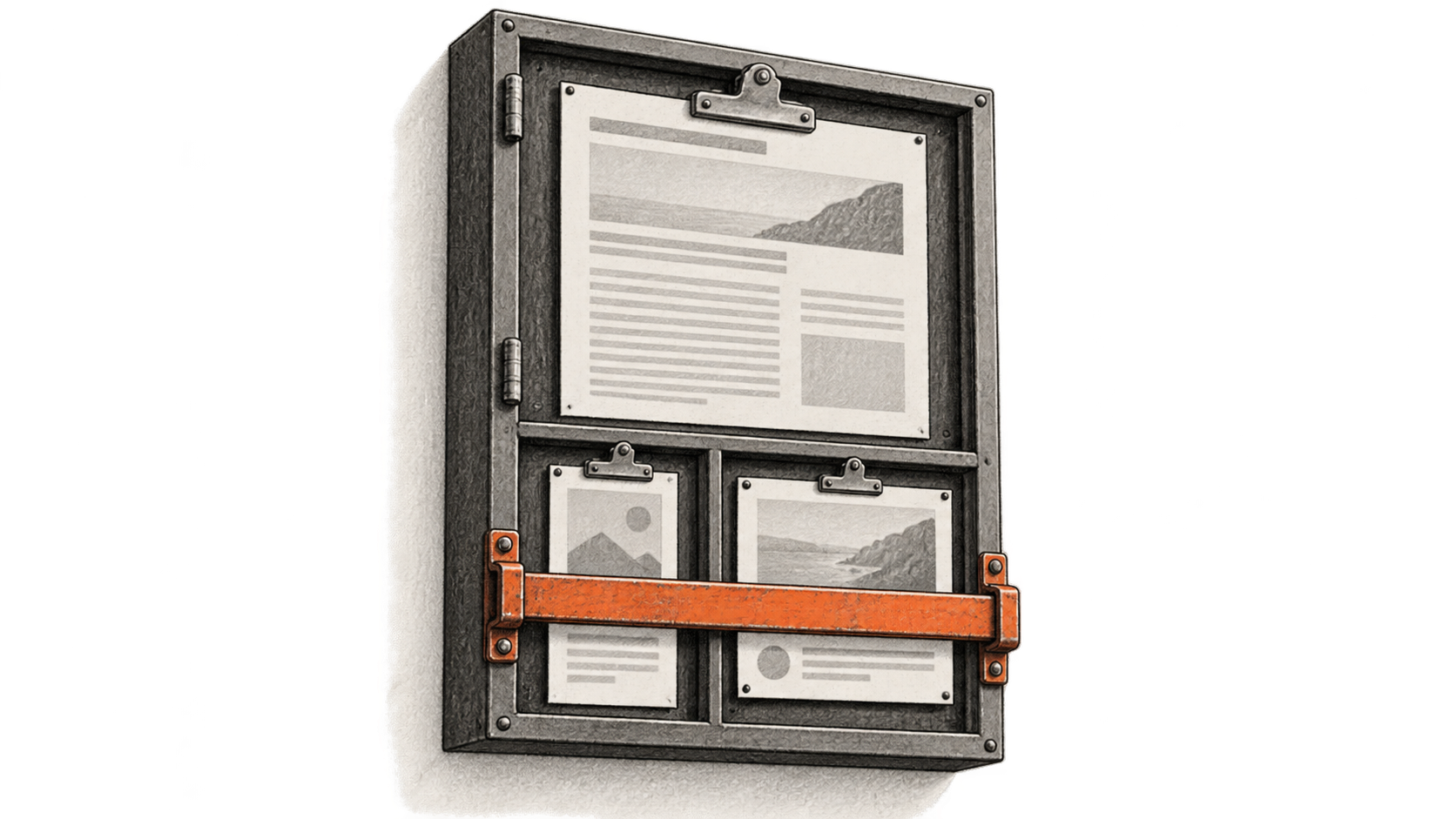 Conceptual charcoal illustration of a wall-mounted review cabinet holding one large article proof above two different social-card proofs, with an orange bar latched across the two lower cards.