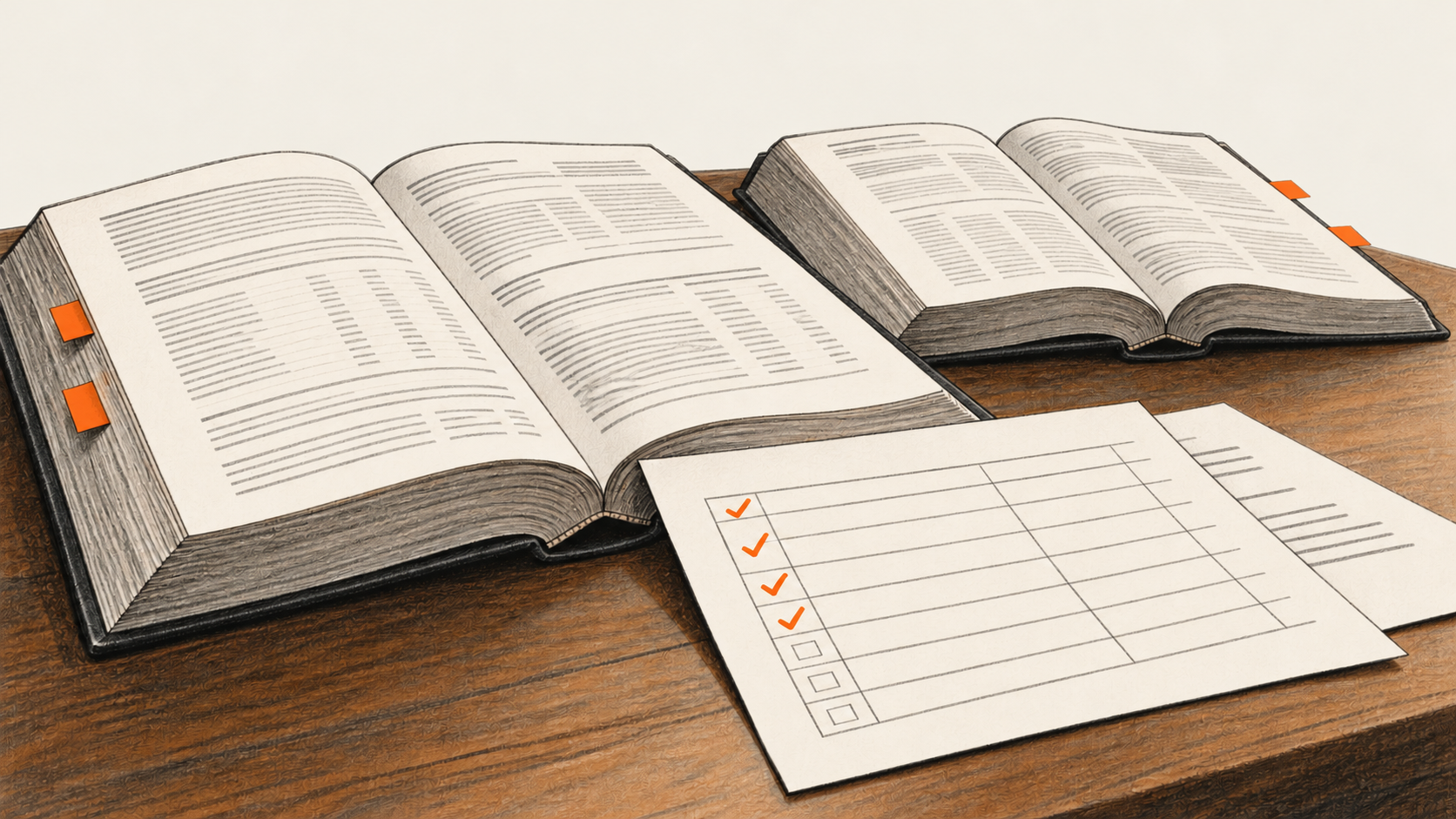 Conceptual charcoal illustration of two open, unbranded annual filing volumes beside a blank source-check table with orange check marks.