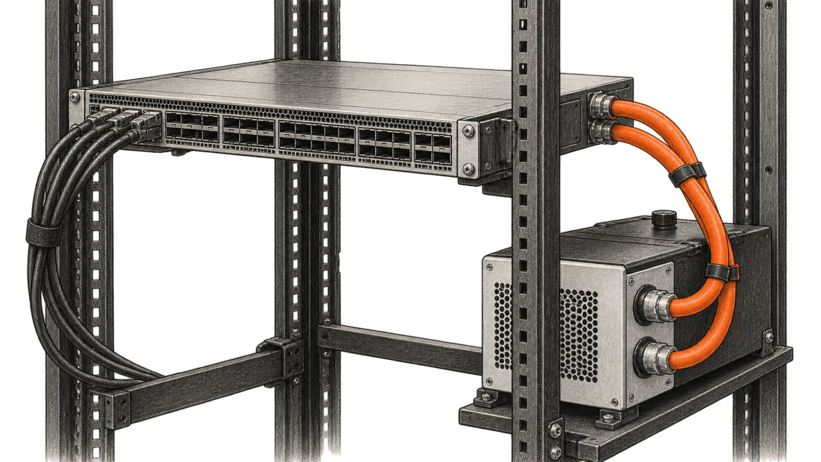 Conceptual charcoal illustration of a rack-mounted network switch connected by two orange coolant hoses to a separate unit on a lower shelf.