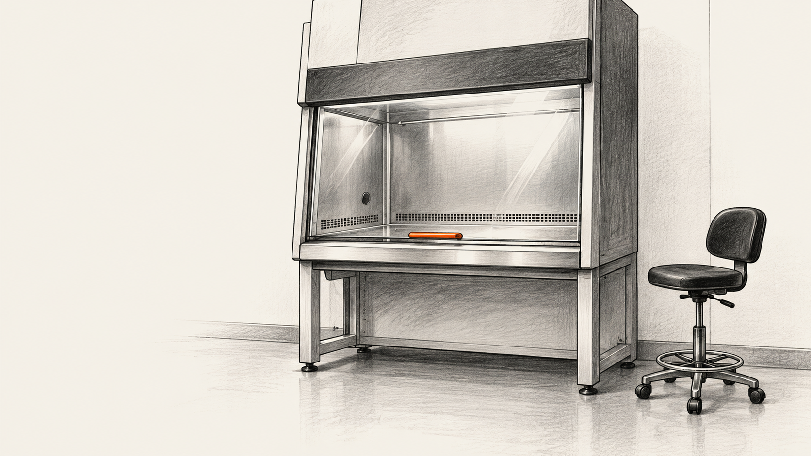 Conceptual charcoal illustration of an empty biological safety cabinet and an unoccupied lab stool.