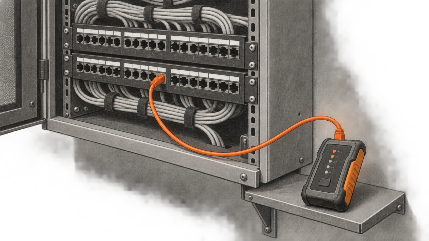 Conceptual charcoal illustration of a network patch panel with an orange test lead connected to a small cable tester on a wall shelf.