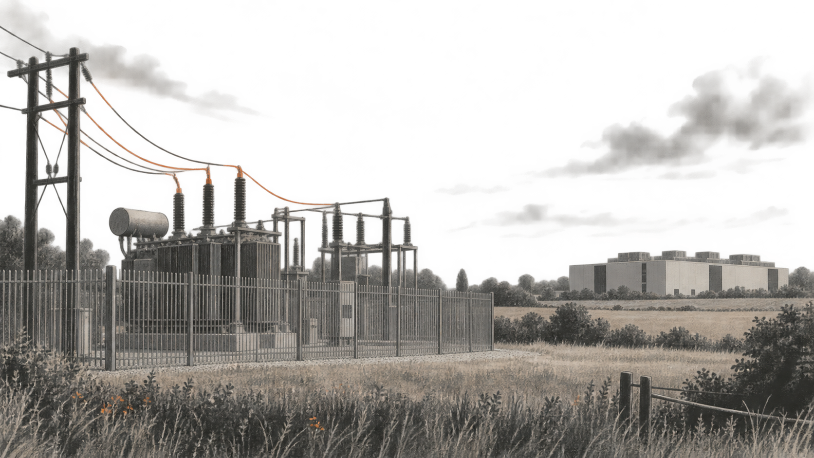 A fenced electrical substation stands in the foreground, with an unmarked data hall across a field in the distance.