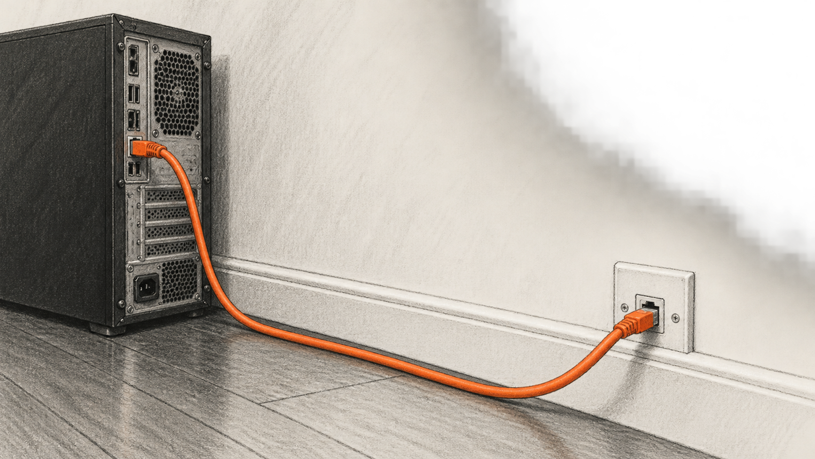 Conceptual charcoal illustration of an orange network cable connecting a desktop computer tower to a wall port.