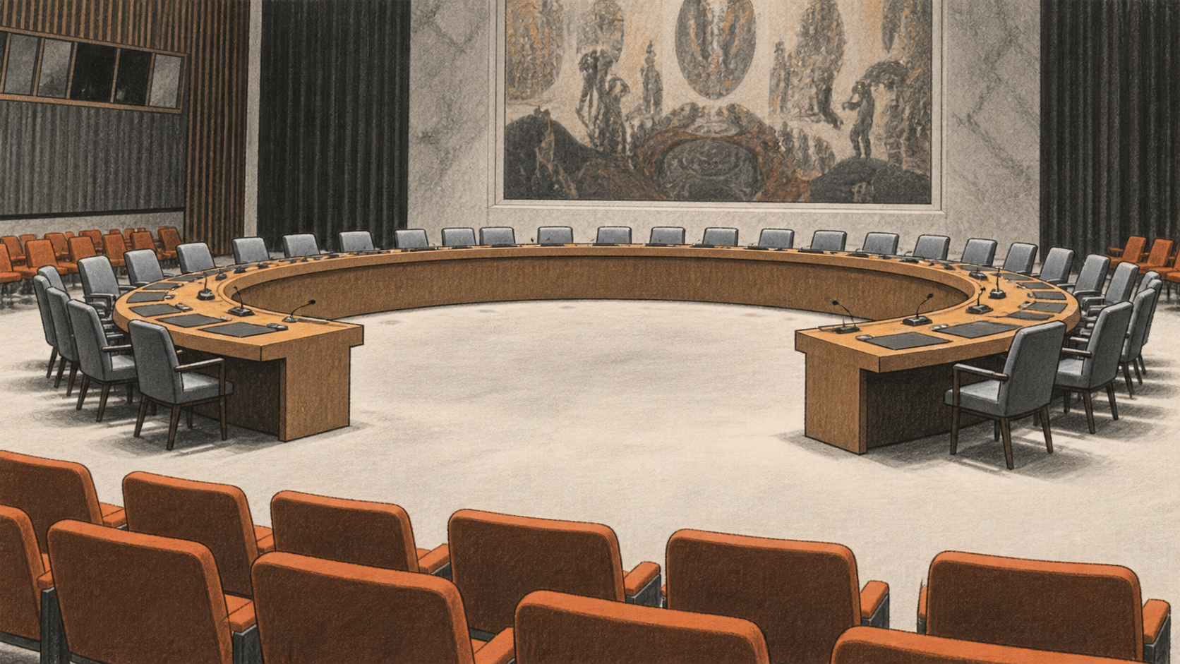 Conceptual charcoal illustration of the unoccupied UN Security Council chamber, showing its horseshoe-shaped delegation table and surrounding seats.
