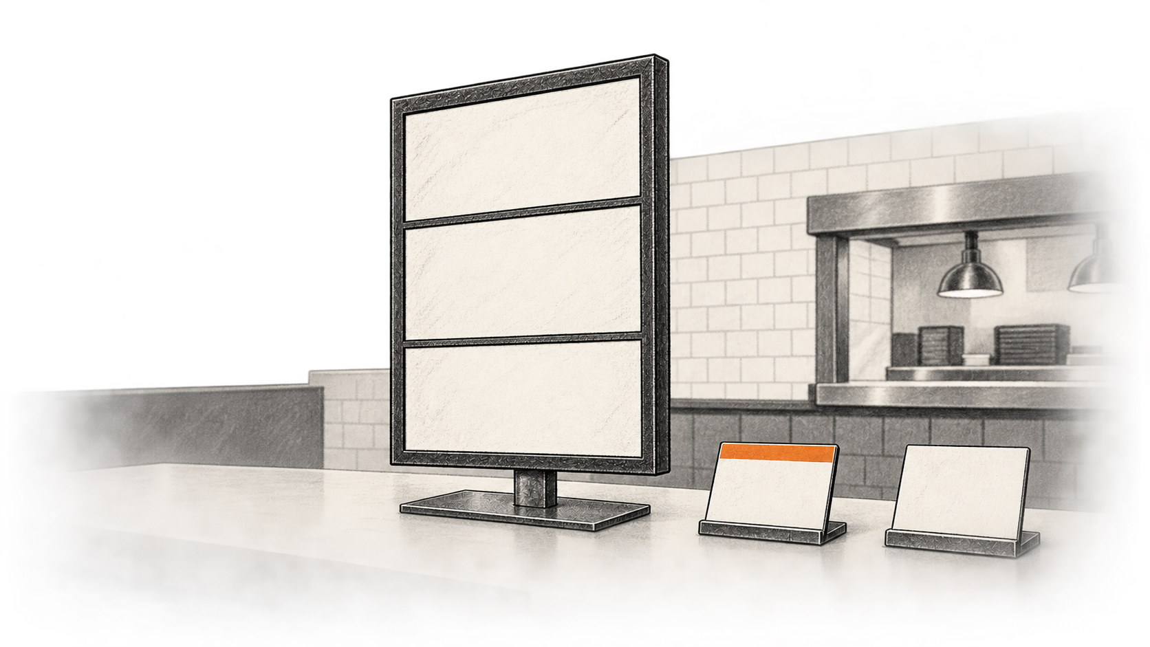 A blank menu board and two separate blank price-card holders rest on a generic quick-service restaurant counter.