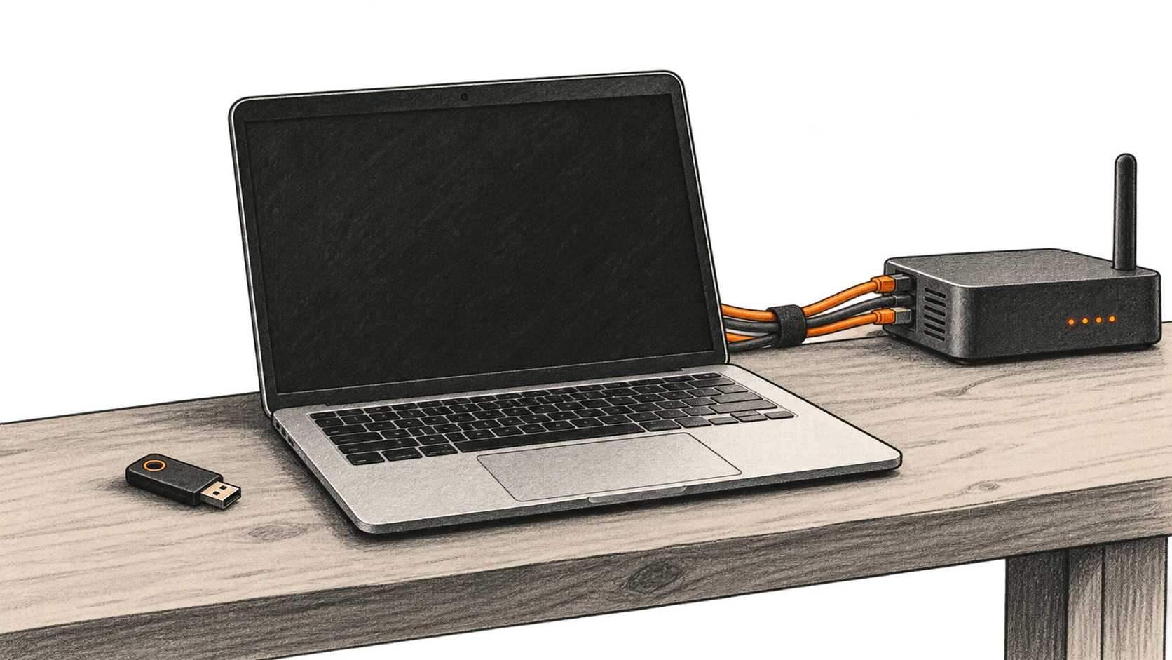 A blank laptop, USB security key, bundled cables and a small router sit on a simple workbench.