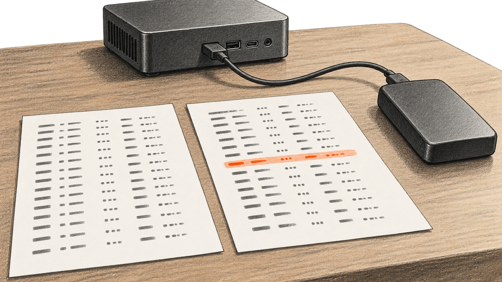 Two sheets with abstract trace rows, one orange highlighted, beside a closed generic USB device connected to a small computer.
