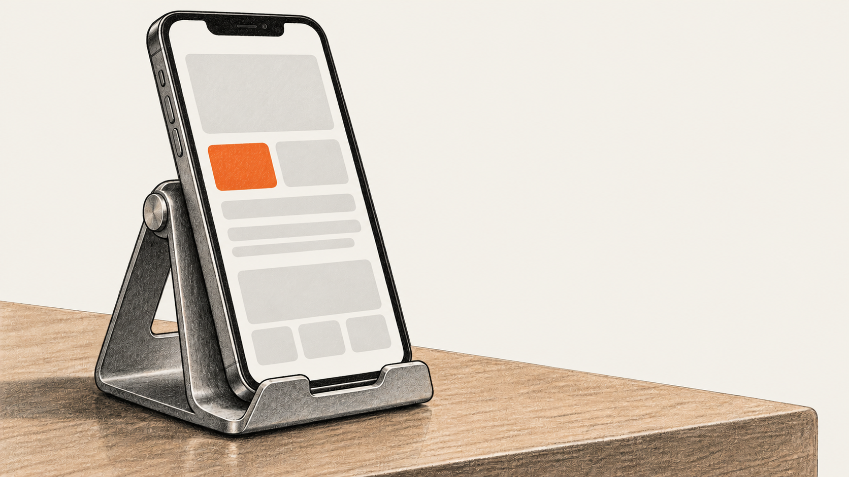 Conceptual charcoal illustration of an unbranded phone prototype with blank layout blocks, resting in a metal cradle on a wooden surface.