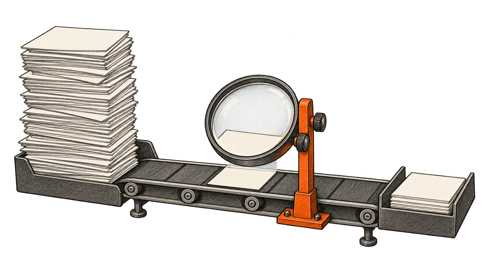 A large stack of blank work cards waits on a conveyor before a magnifying-glass inspection station, with a smaller stack in the output tray.