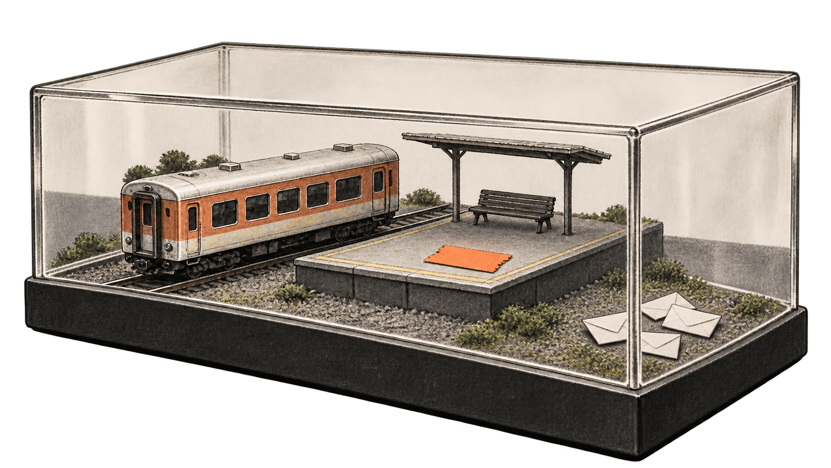 Conceptual charcoal illustration of a miniature train and blank ticket inside a closed transparent display case, with small sealed envelopes contained beside the model platform.