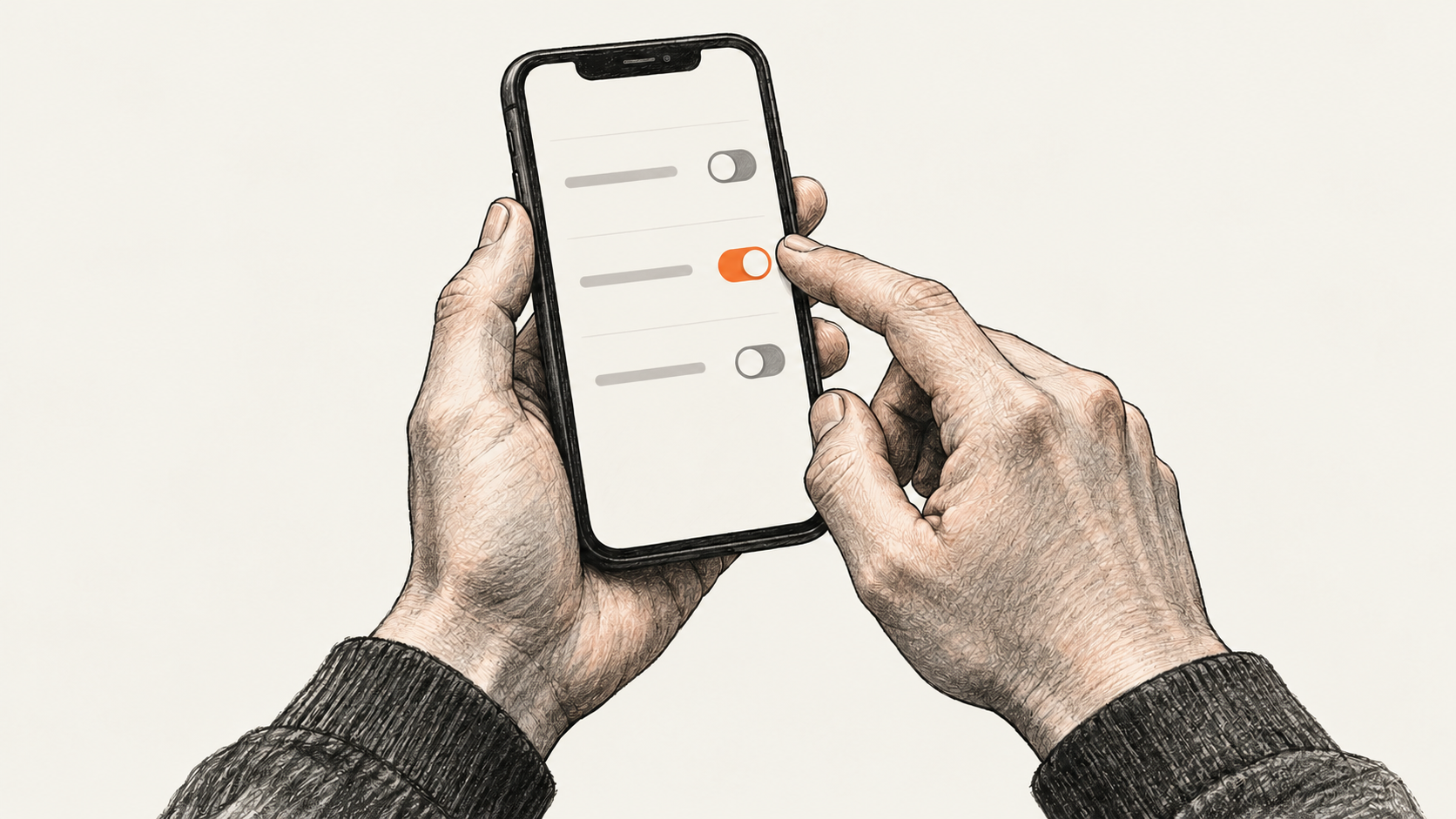 Conceptual charcoal illustration of two hands holding an unbranded phone with three unlabeled preference rows and one orange switch.