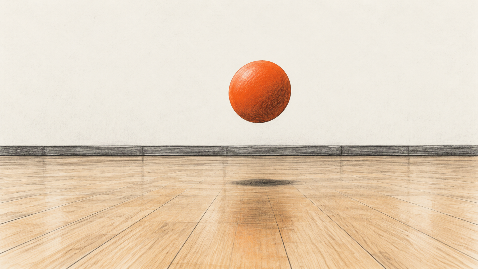 AI-generated conceptual charcoal illustration of one orange ball suspended above a level indoor gym floor, with its shadow directly below.