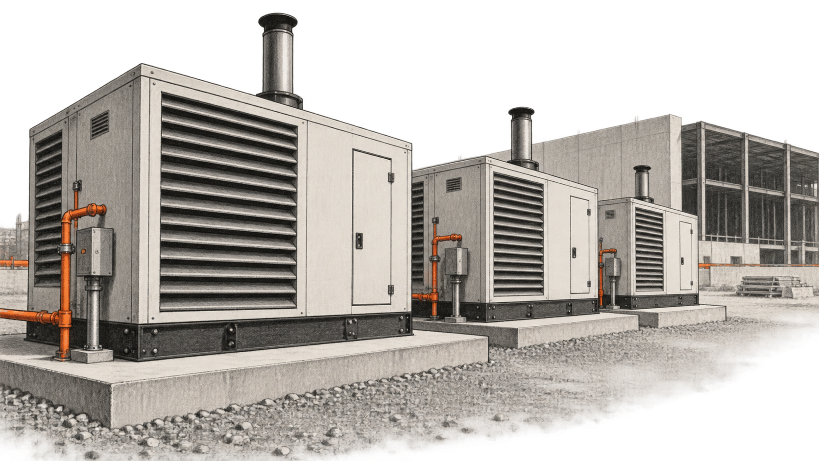 Charcoal illustration of three louvered generator enclosures on concrete pads outside an unfinished data hall.