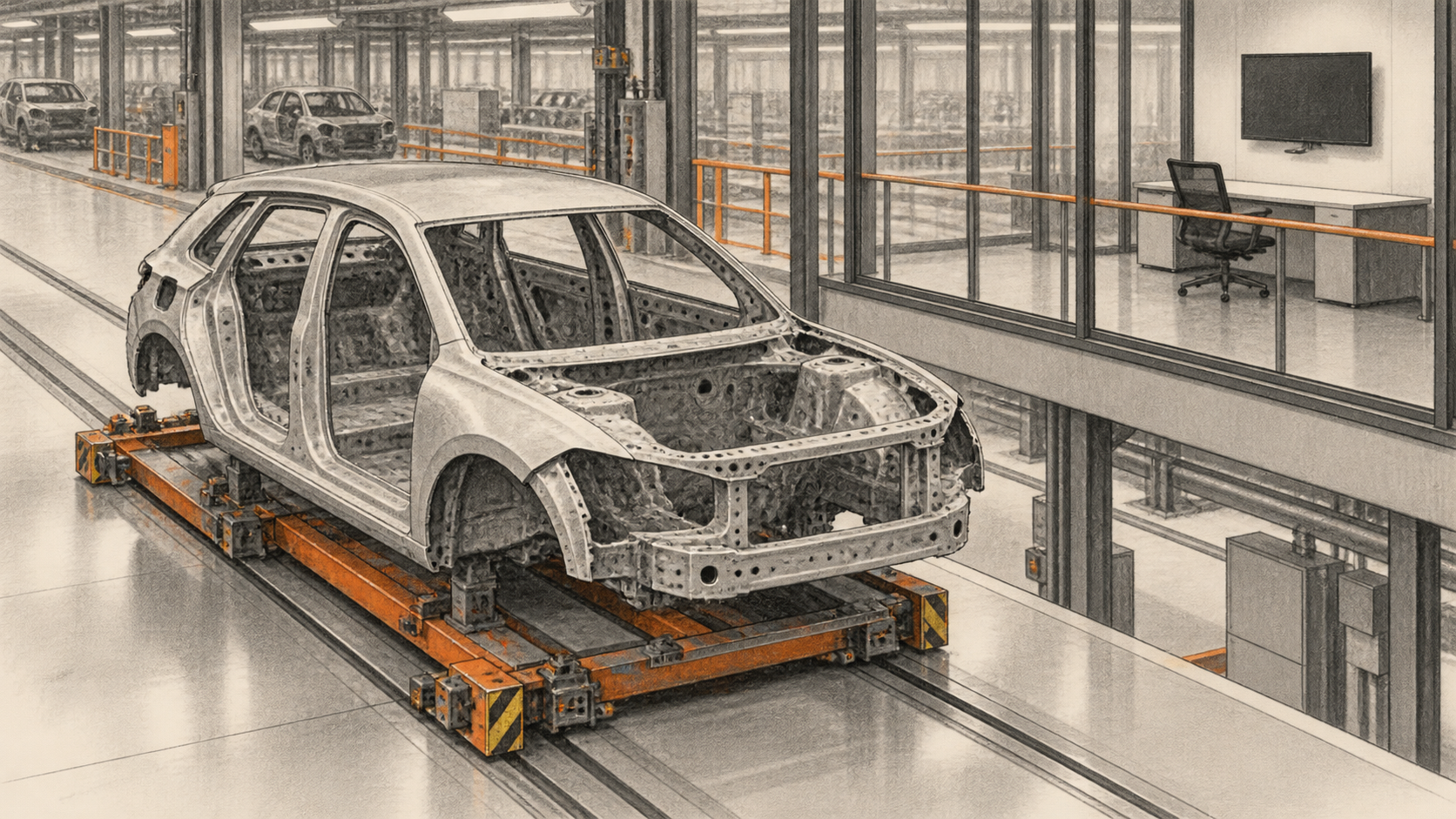 Conceptual charcoal illustration of an unfinished unbranded car body on a carrier inside a generic automotive plant, with an empty office and dark monitor beyond a glass partition.