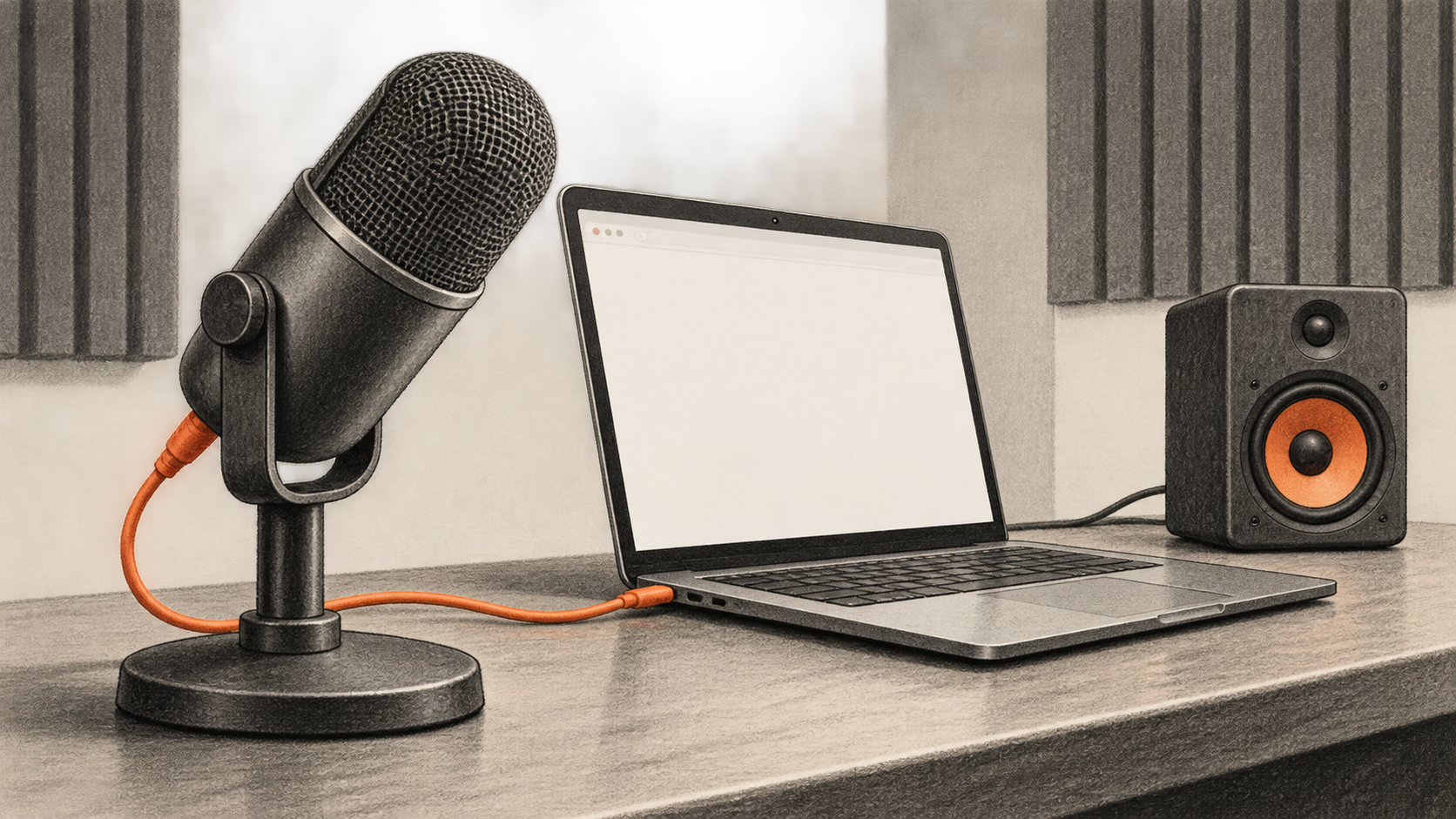 Conceptual charcoal illustration of a tabletop microphone connected to an unbranded laptop, with a small speaker beside it.