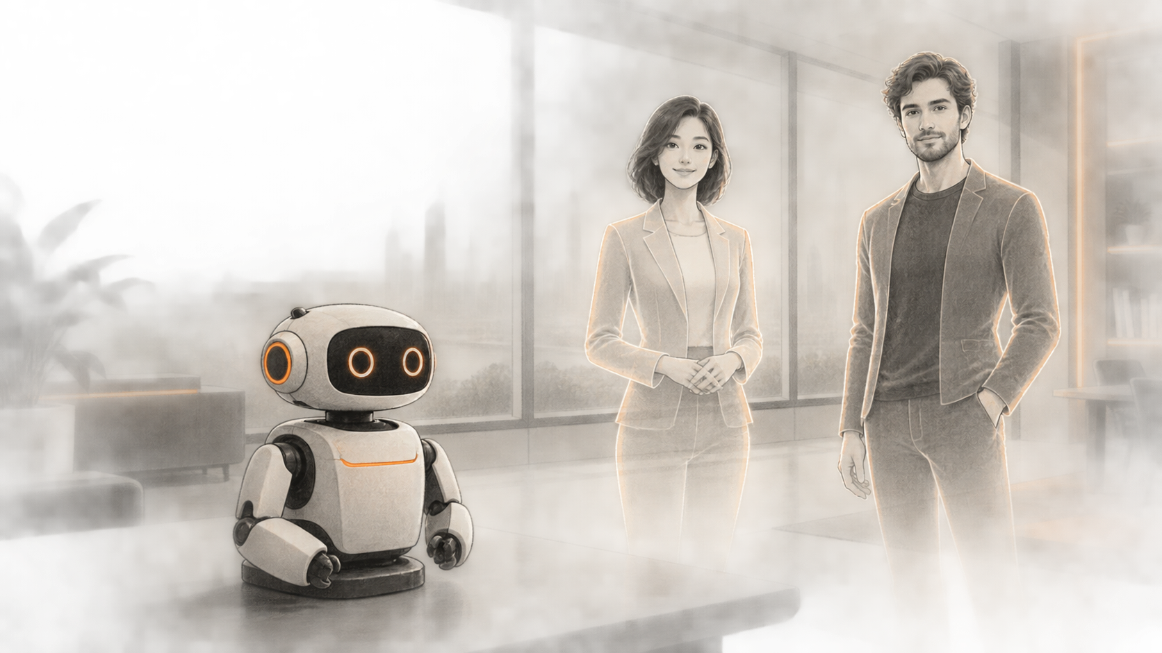 Conceptual charcoal illustration of a small desk robot and two translucent humanlike digital assistant avatars in a virtual office.