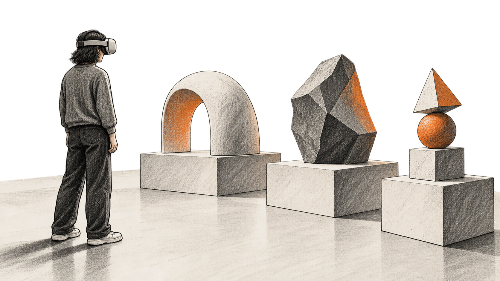 Conceptual illustration of a headset-wearing visitor looking toward three unlabelled abstract objects on plinths.