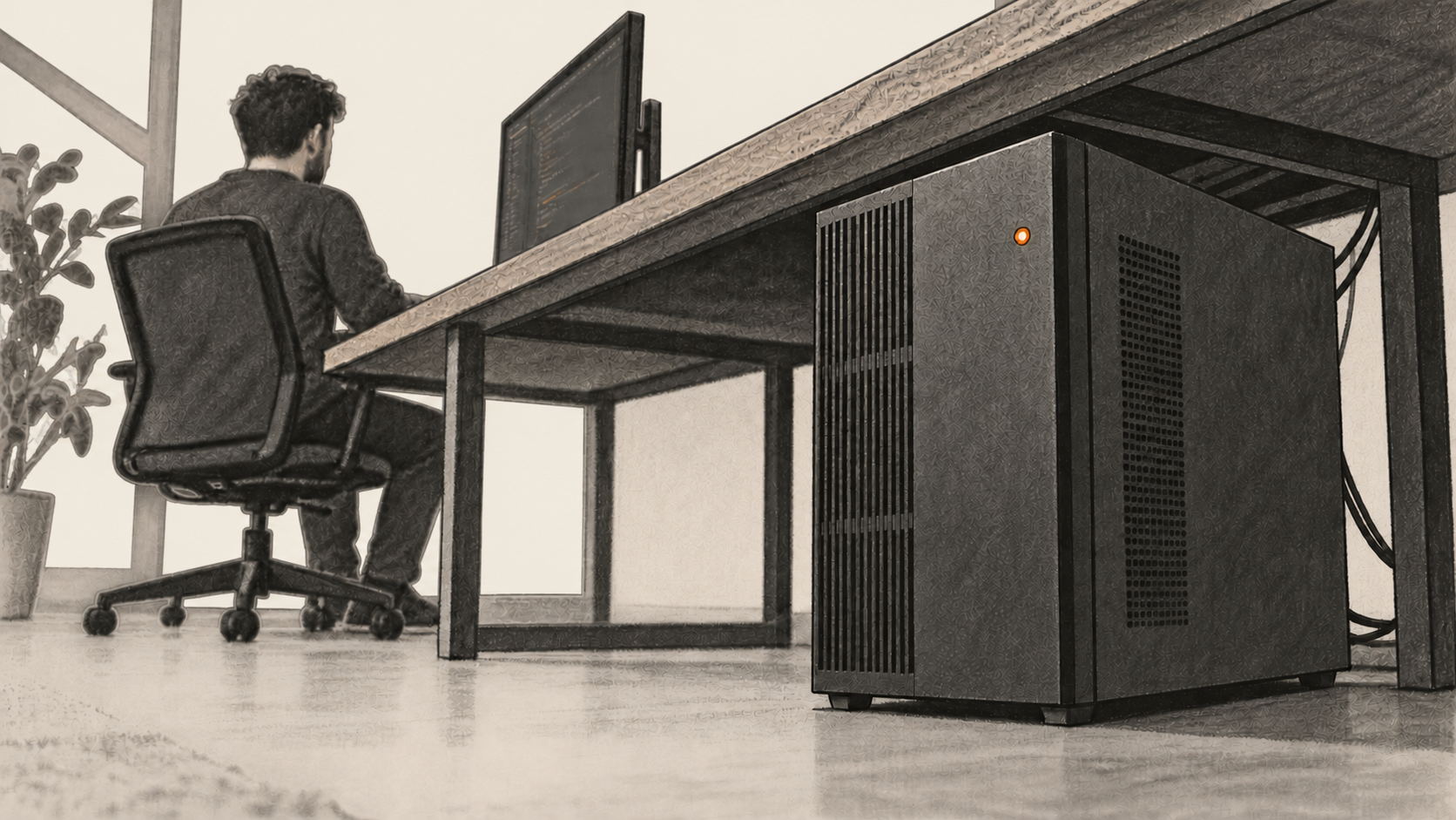 Conceptual charcoal illustration of a developer at a monitor with a desktop computer tower under the workbench.