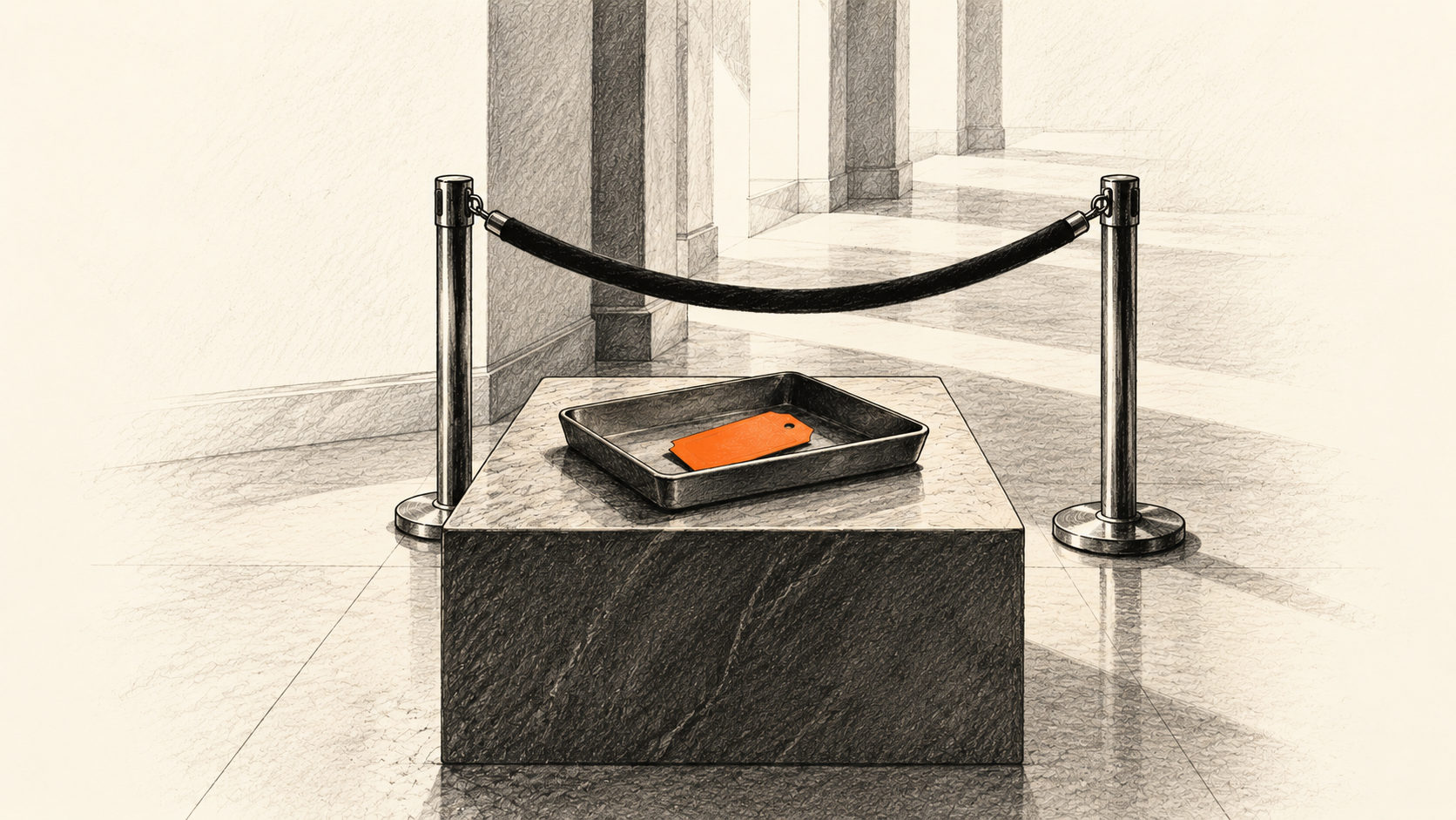 Conceptual charcoal illustration of one blank orange admission tag in a tray before a closed rope barrier in an empty passage.