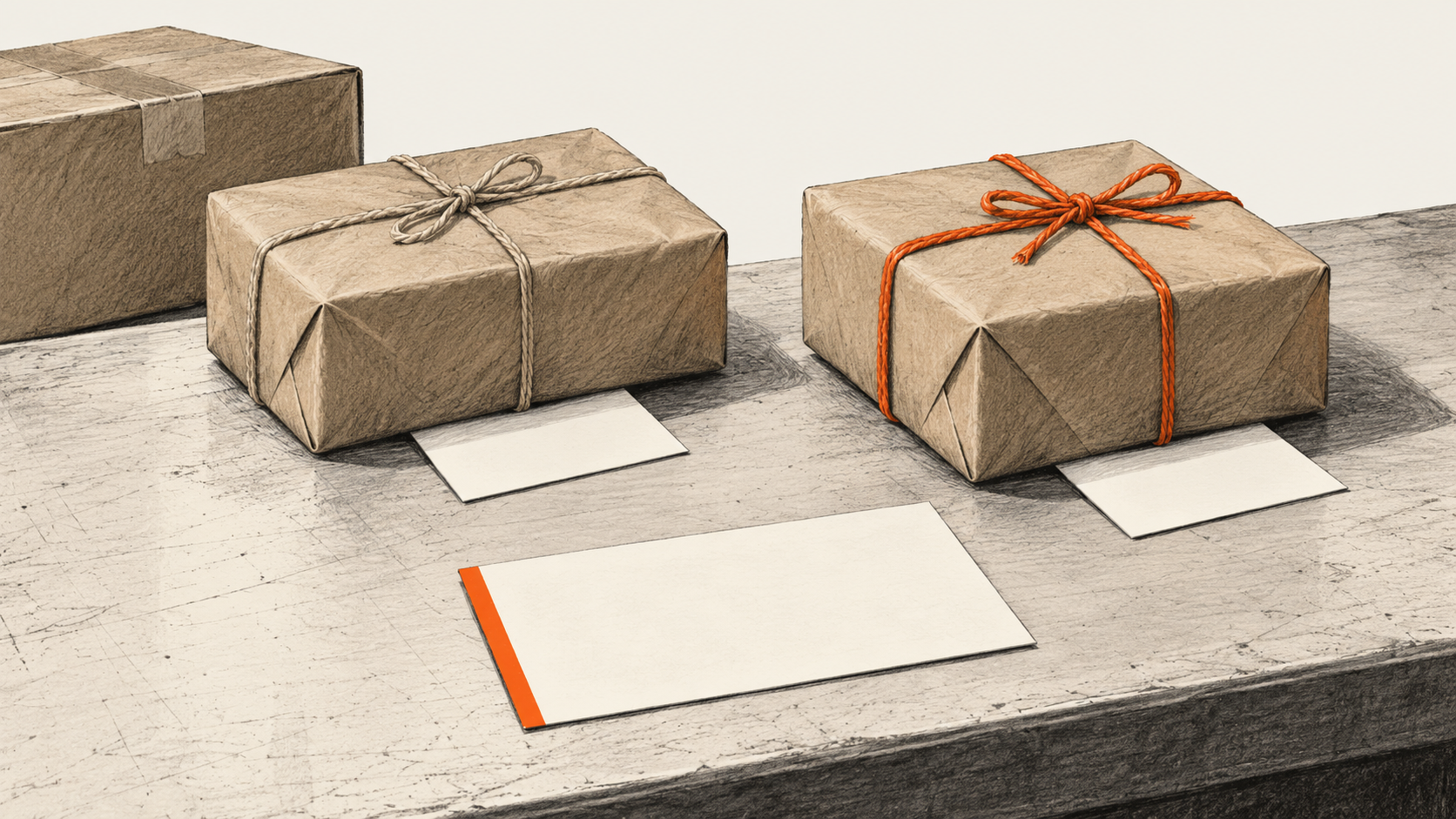 Conceptual charcoal illustration of two separate unbranded parcels, each with a blank order slip, beside a separate blank approval slip on a packing counter.
