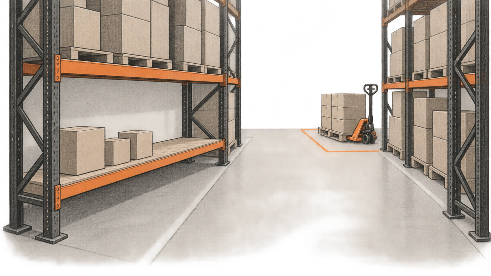 A warehouse aisle has a partly empty picking shelf in the foreground and a loaded manual pallet jack parked in a separate staging bay.