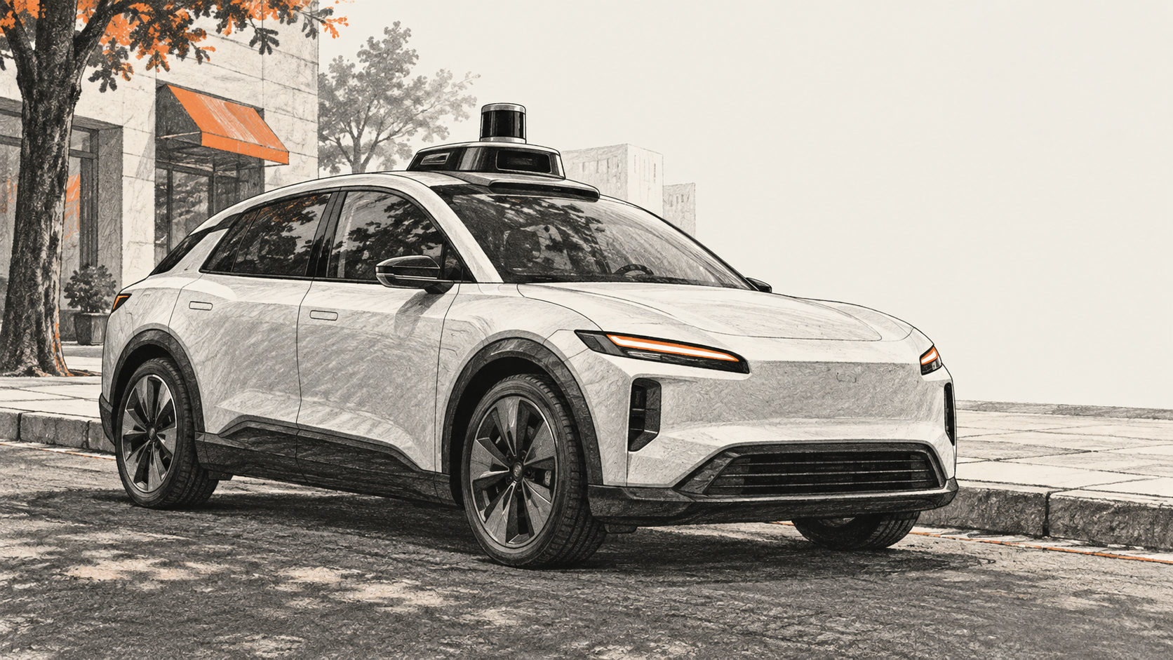 Conceptual charcoal illustration of an unbranded white passenger vehicle with a roof sensor parked beside a curb on an anonymous street.