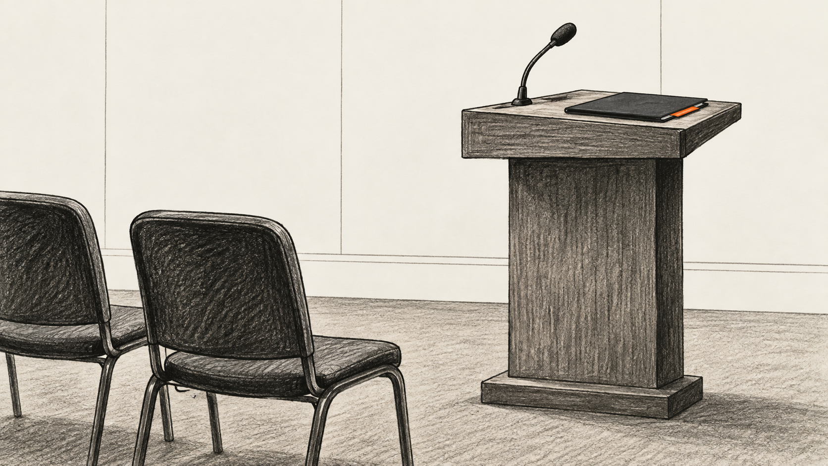 Conceptual illustration of an empty public briefing room, with a closed folder and microphone on an unbranded lectern before empty chairs.