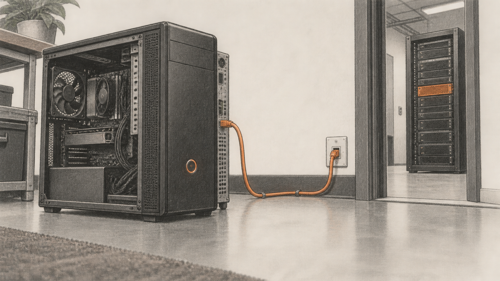 Conceptual charcoal illustration of a desktop PC connected by cable to a wall jack, with a server rack visible through a doorway.